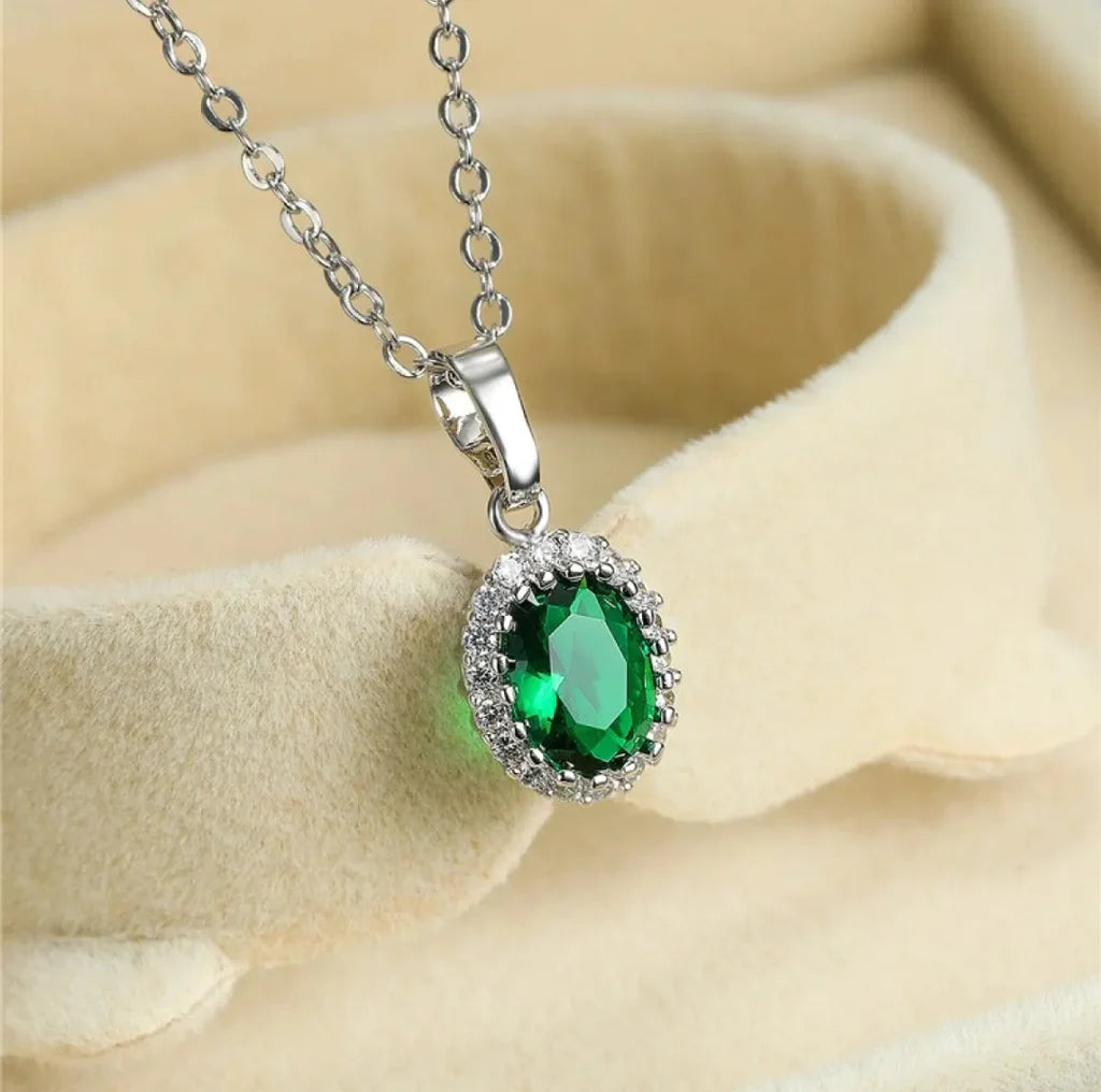 Silver Necklace With Big Green Stone