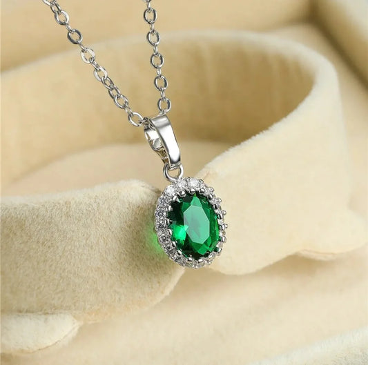 Silver Necklace With Big Green Stone