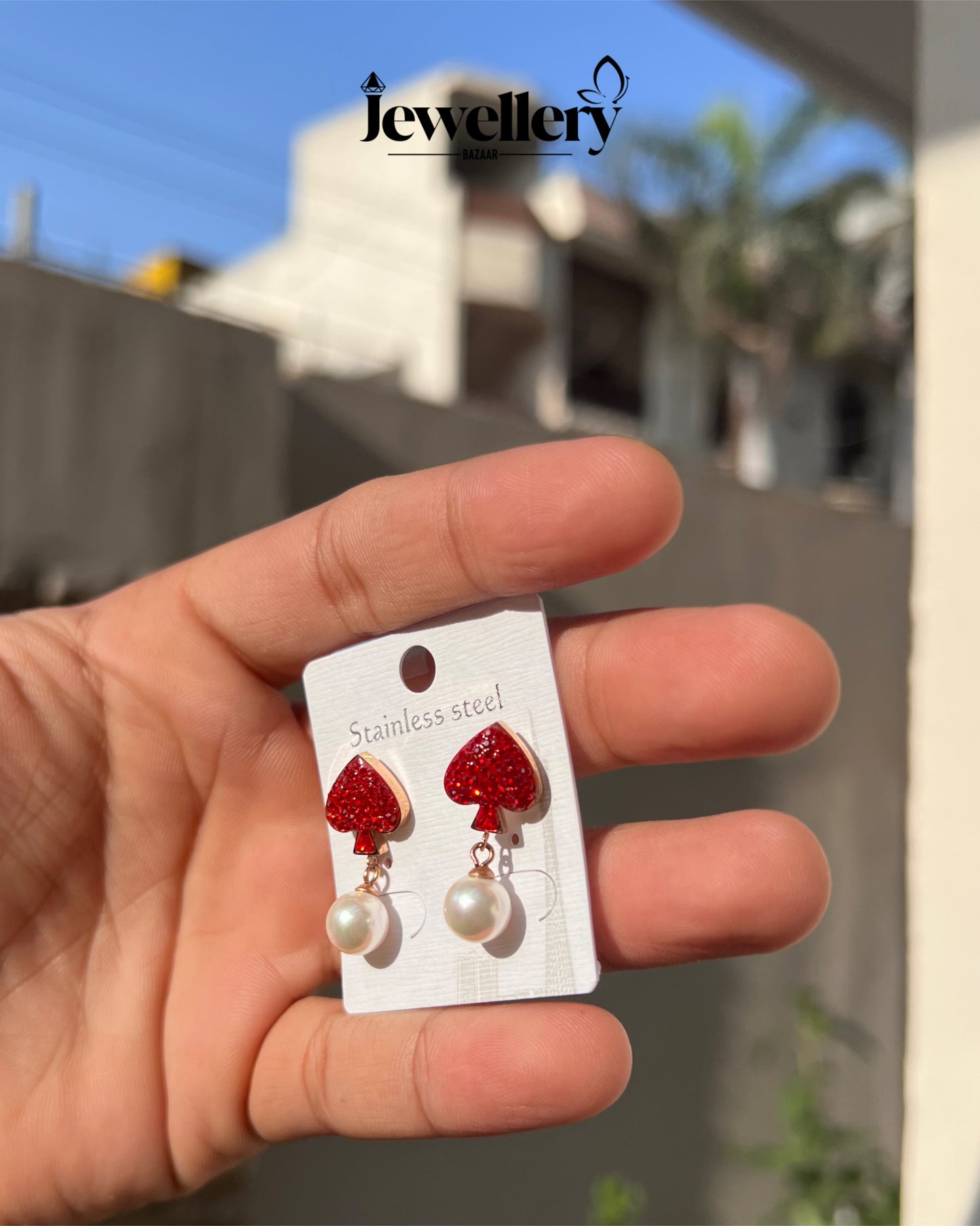 Pearl & Spade Earrings ( Red )