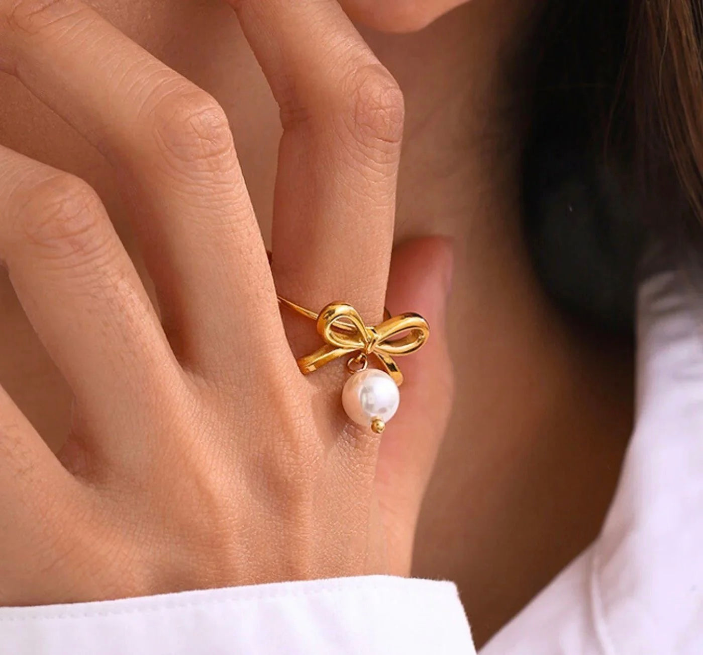 Pearl Bow Adjustable Ring