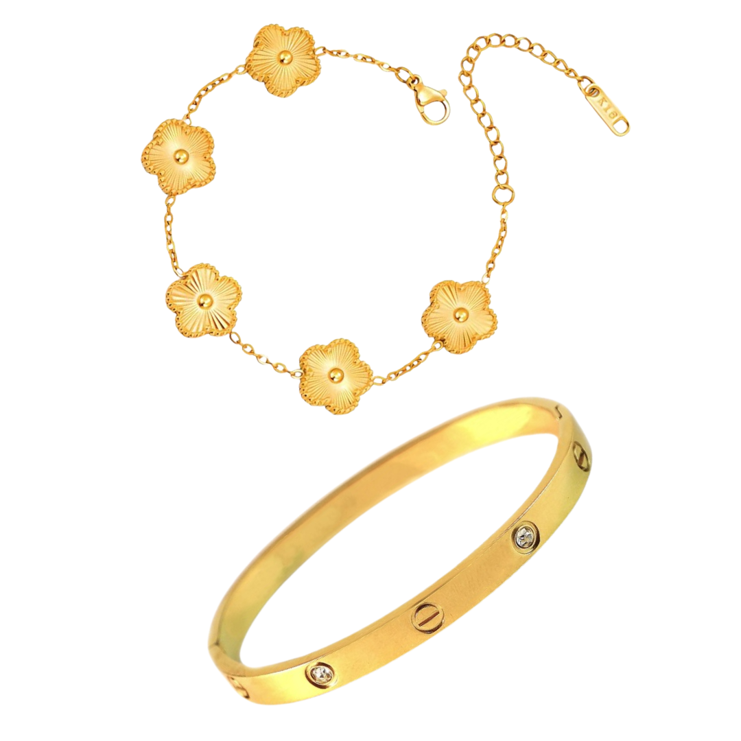 Cartier Love Bangle with Golden Clover Bracelet Stack Set